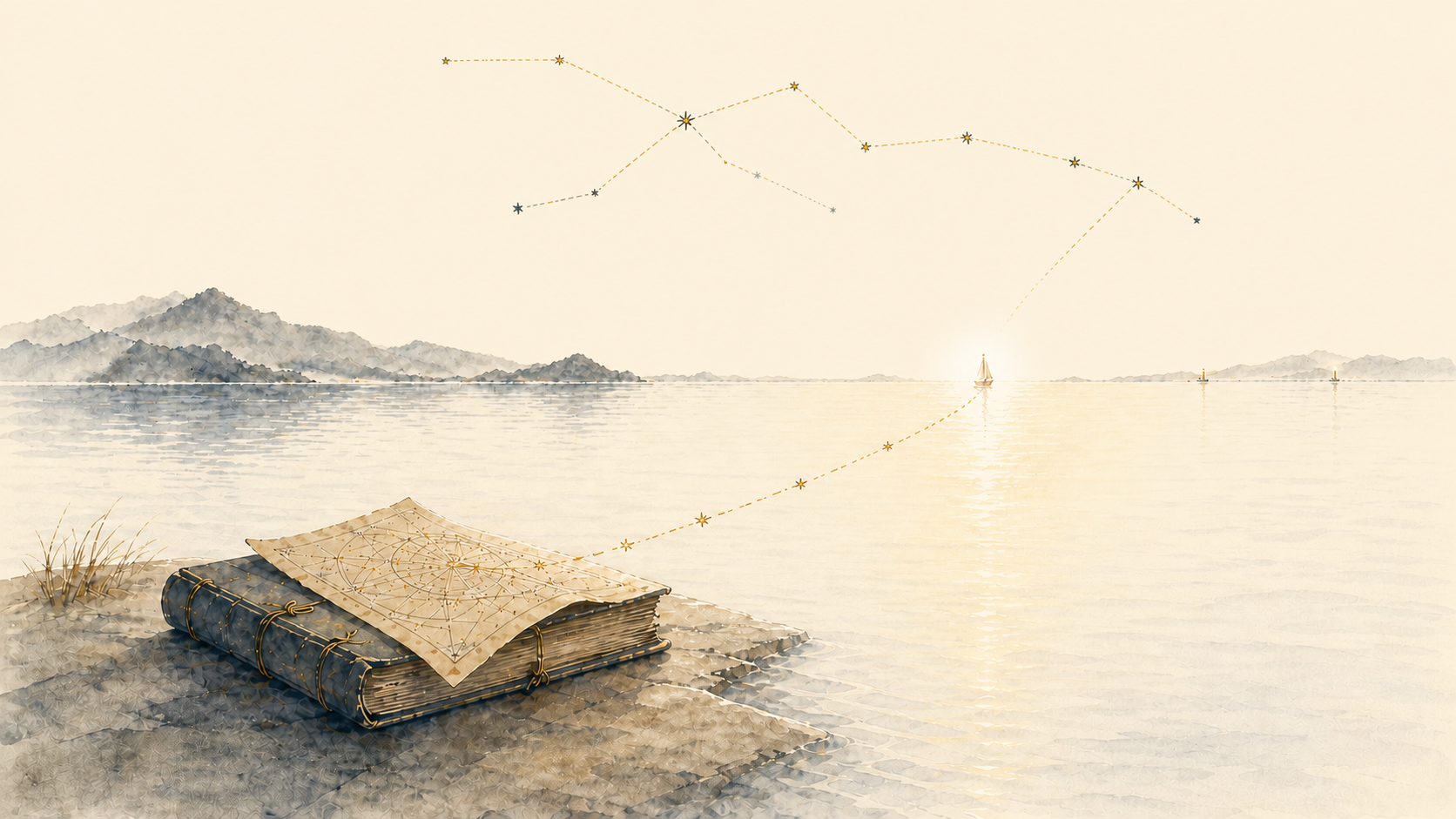 A watercolor of an open book on the shore at sunrise, a faint constellation arc above leading to a bright horizon point.