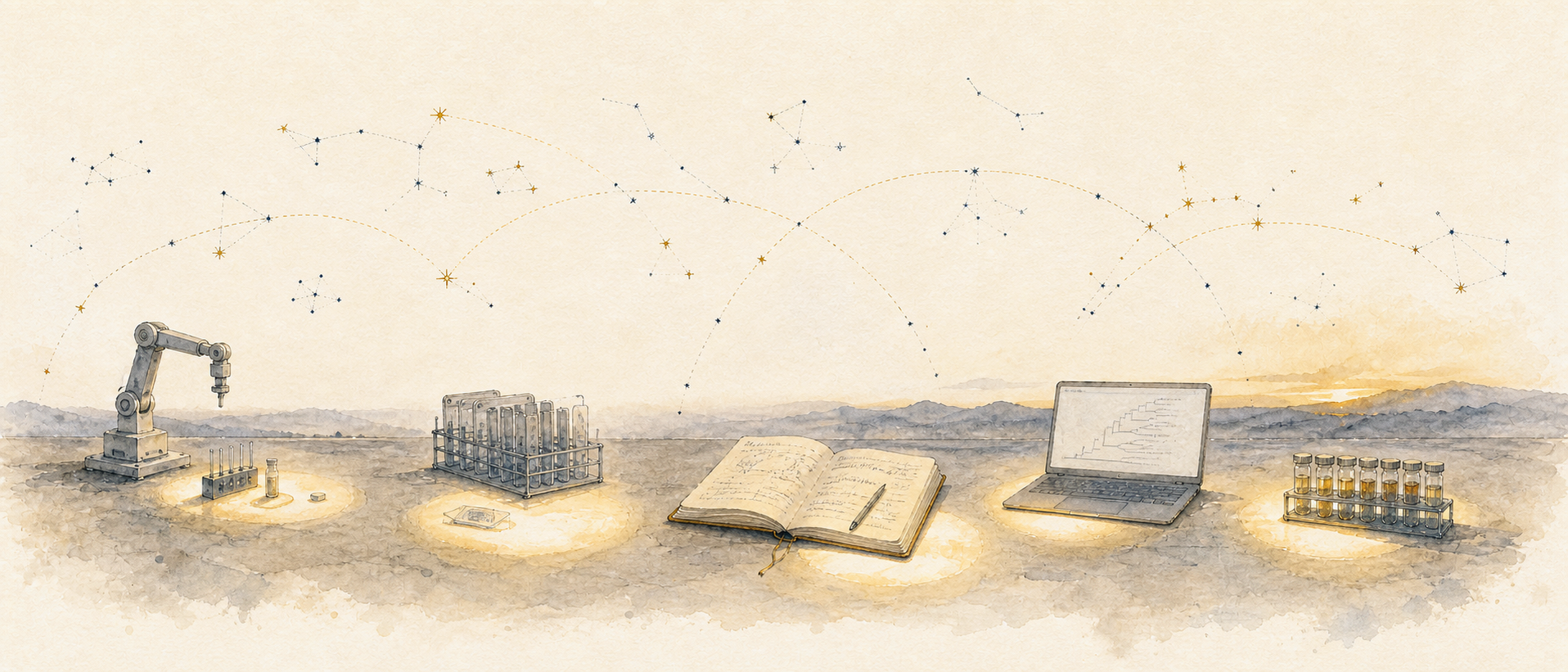 A watercolor workbench at dusk with scientific instruments in separate pools of warm light that never touch, and faint constellation arcs above that break before connecting them.