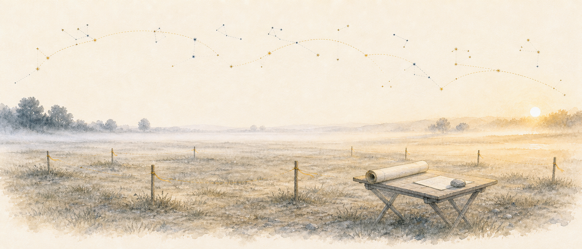 A watercolor of an empty field at first light, survey stakes and a rolled site plan marking the footprint of a building not yet built, with constellation arcs beginning to connect above the ground.