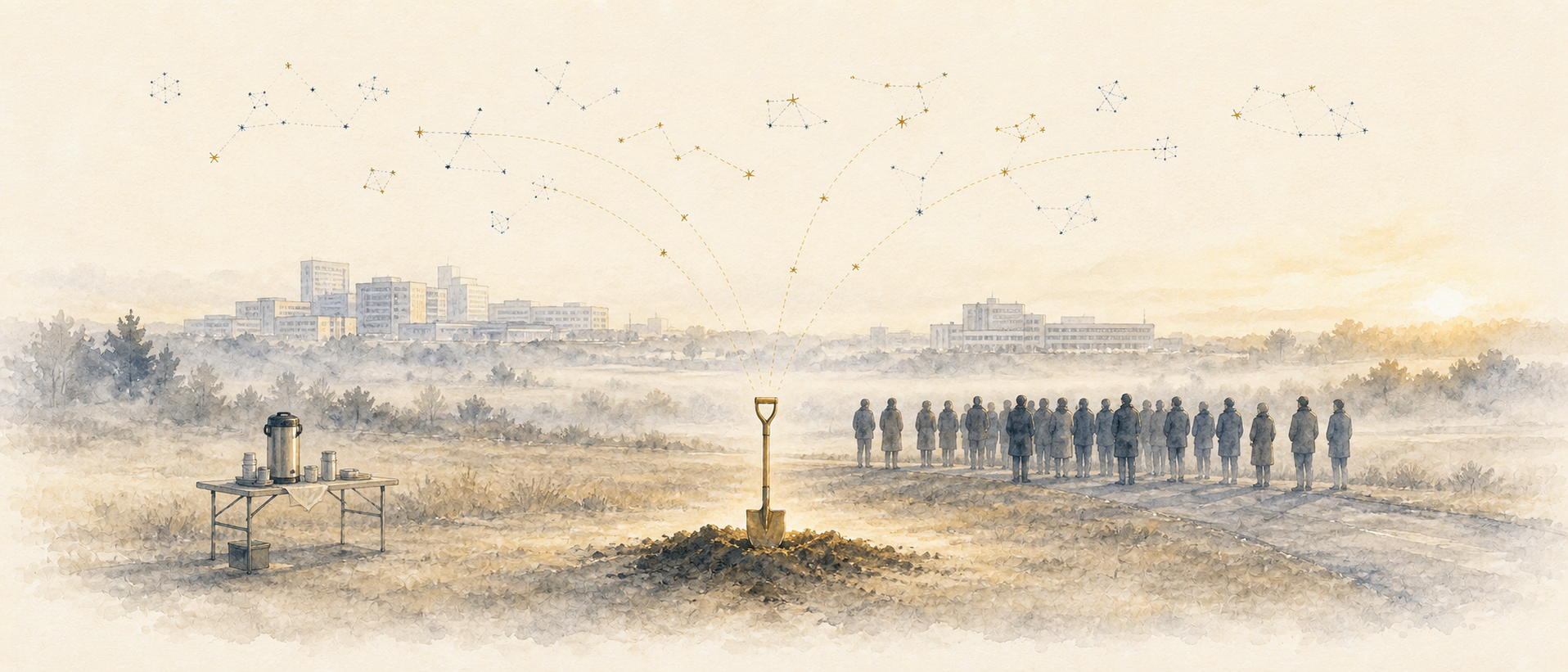 A watercolor of a small, quiet dawn groundbreaking: a ceremonial shovel in freshly turned soil, a few dozen coated figures softly suggested near an access road, a faint biomedical skyline beyond, and constellation arcs reaching down from above.