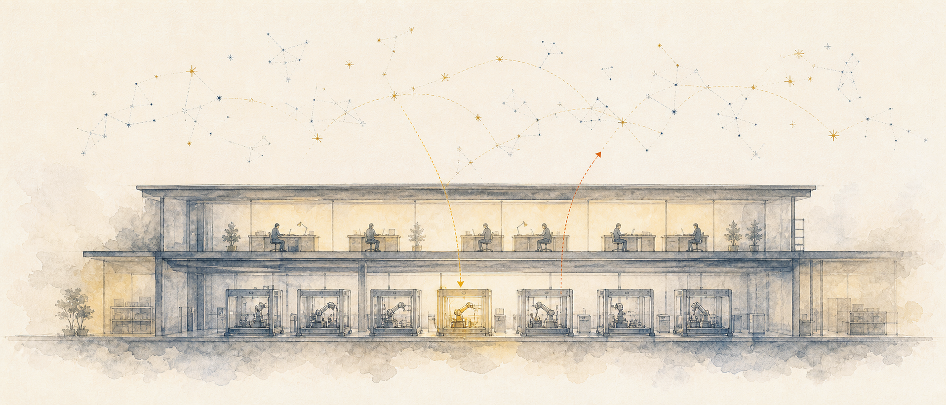 A watercolor cross-section of a synthesis hall: an upper reviewer floor in warm light above lower assembly bays, one bay glowing gold, a gold arc descending as a protocol and a cinnabar line returning as a readout, with constellation dots above.